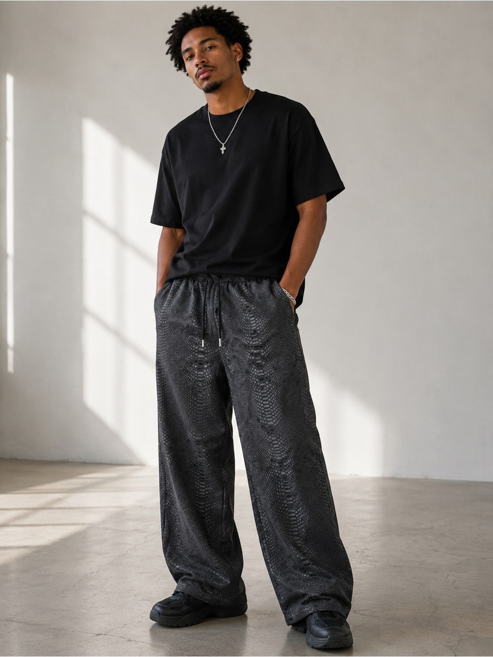 Black New medium snake print Drawstring Wide-Leg baggy pants